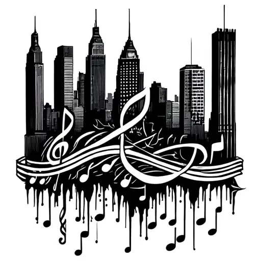 A Detailed Blackwork Tattoo Of The New York Skyline With Musical Notes Intertwined Throughout