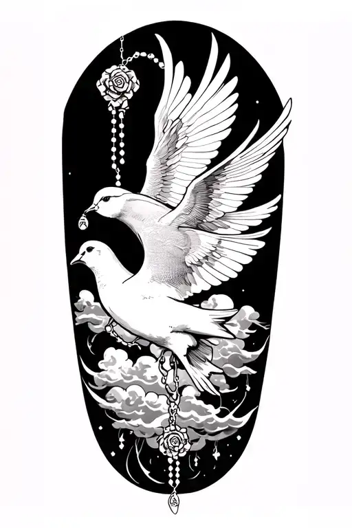 Upper Arm Sleeve With A Rosary And A Dove On The Shoulder Part Surrounded By Clouds