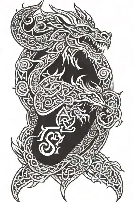 Viking Dragon Silhouette With Celtic Knot Scales Intertwined Wrapping A Valknut