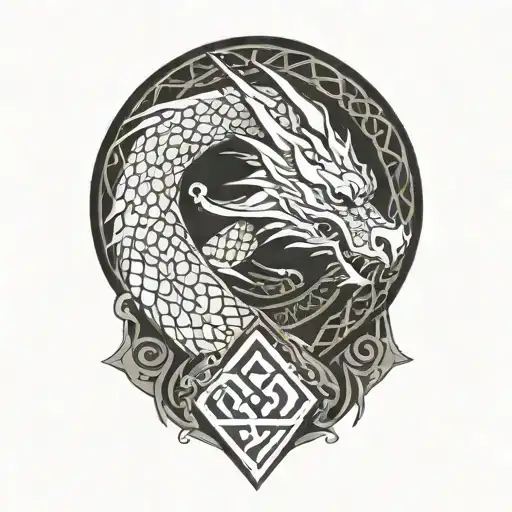 Dragon Silhouette With Celtic Knot Scales Wrapping Around A Valknut