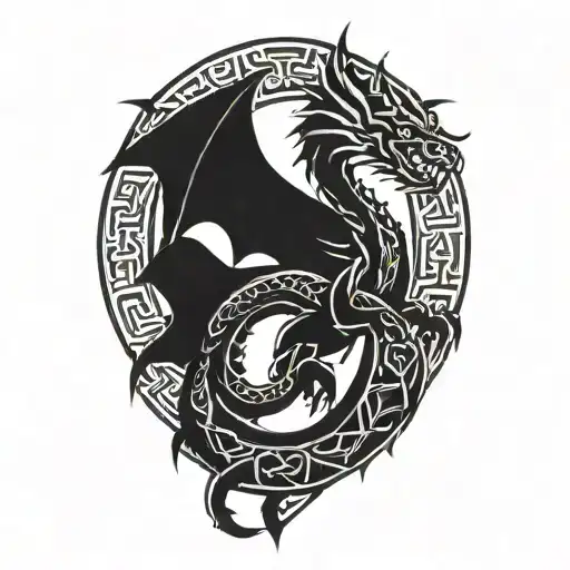 Dragon Silhouette With Celtic Knot Scales Wrapping Around A Valknut