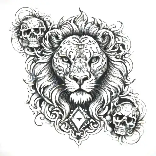 Lion With A Skull In Its Mouth Cards Surrounded