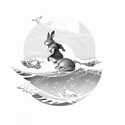 Rabbit And Dog Surfing On A Ocean Wave
