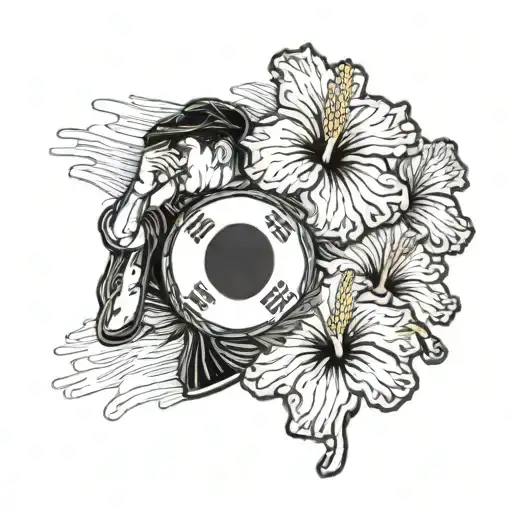 South Korean Veteran Saluting In Front Of The National Flag With A Background Of Hibiscus Flowers