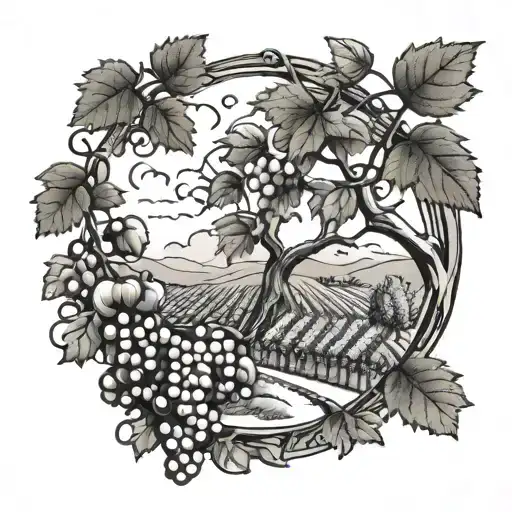 A Vineyard Landscape With Grapevines Winding Around A Teacher's Apple Tree