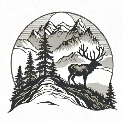 A Silhouette Of A Stag Overlooking A Mountain Range With A Trail Winding Through It