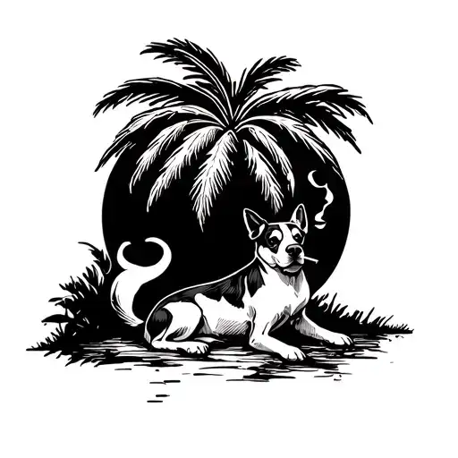 A Relaxing Scene With A Dog Smoking A Joint Under A Palm Tree