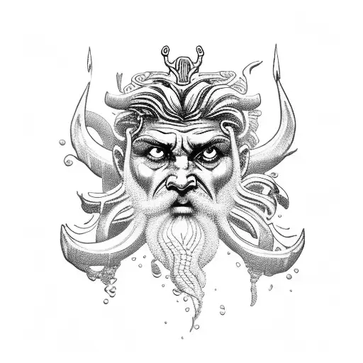 A Tattoo Of Poseidon Rising From The Depths Of The Ocean