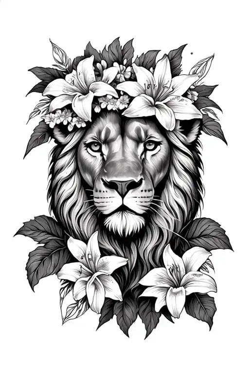 Lion Head With Lily Flowers Around It With Flower Crown