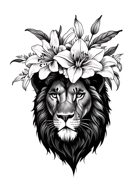 Lion Head With Lily Flowers Around It With Flower Crown