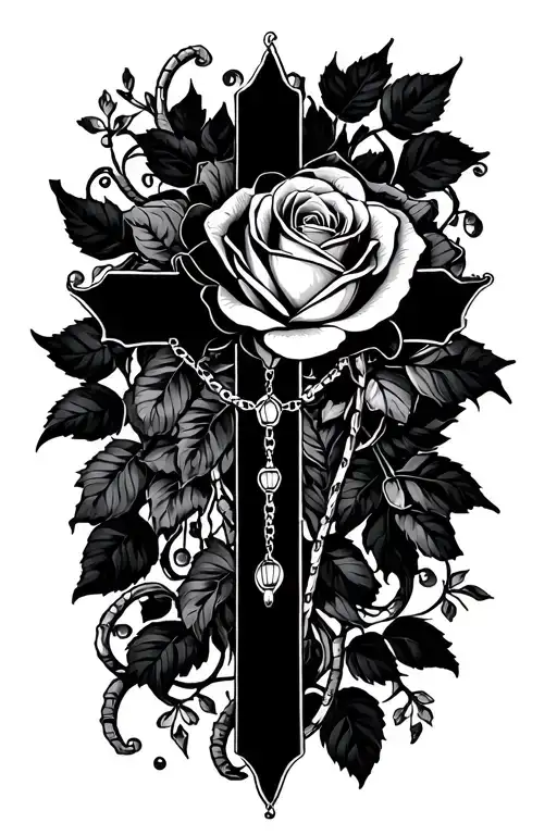 Rosary Cross Rose Tattoo Design Combining Elements