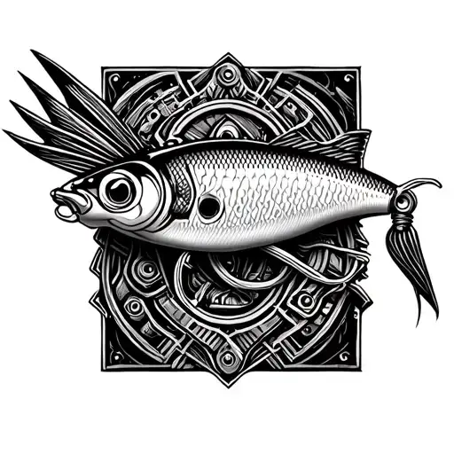 A Detailed Blackwork Tattoo Of A Fishing Lure With Intricate Patterns Inspired By Car Engine Parts