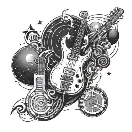 A Cosmic-themed Tattoo Incorporating Musical Elements Like Notes And Instruments