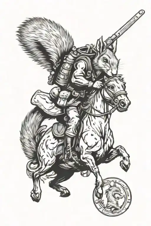 Squirrel Riding Horse While Eating Acorn And Holding A Gun