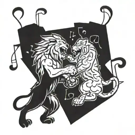 A Lion And Panther In A Fierce Boxing Match Surrounded By Musical Notes And Instruments
