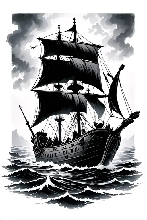 Viking Ship Sailing Through Stormy