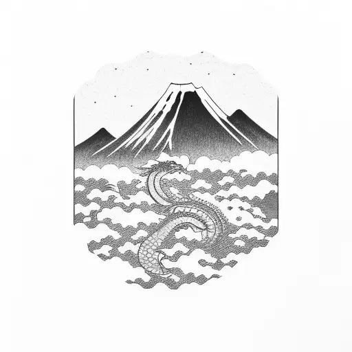 Traditional Japanese Landscape With A Dragon Flying Over Mount Fuji