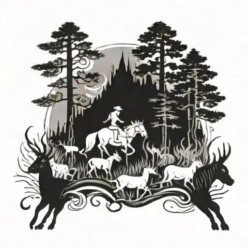 A Stylized Wildfire Scene With Animals Fleeing In Blackwork Style