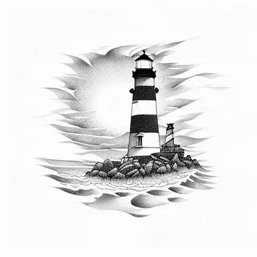 A Lighthouse Surrounded By Driftwood On A Beach At Sunset