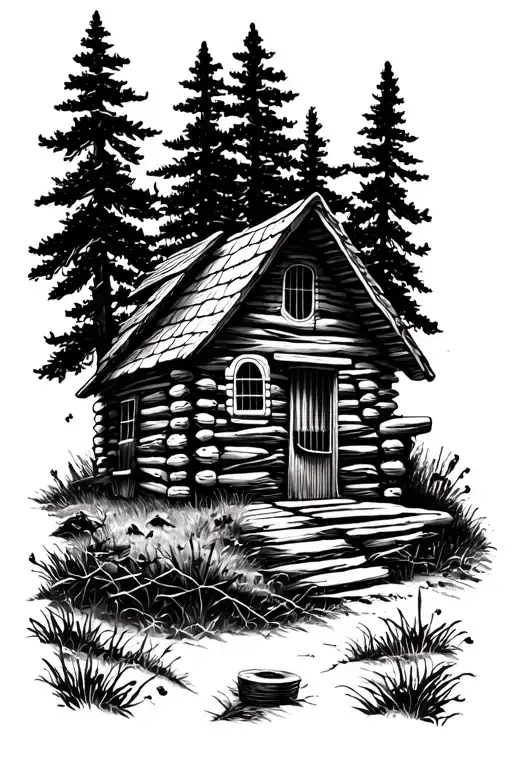 Log Cabin Nature Scene With An Acoustic Guitar