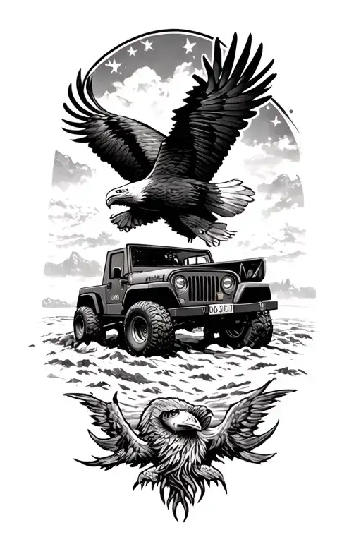 A Vintage Army Jeep Surrounded By A Majestic Eagle In Flight