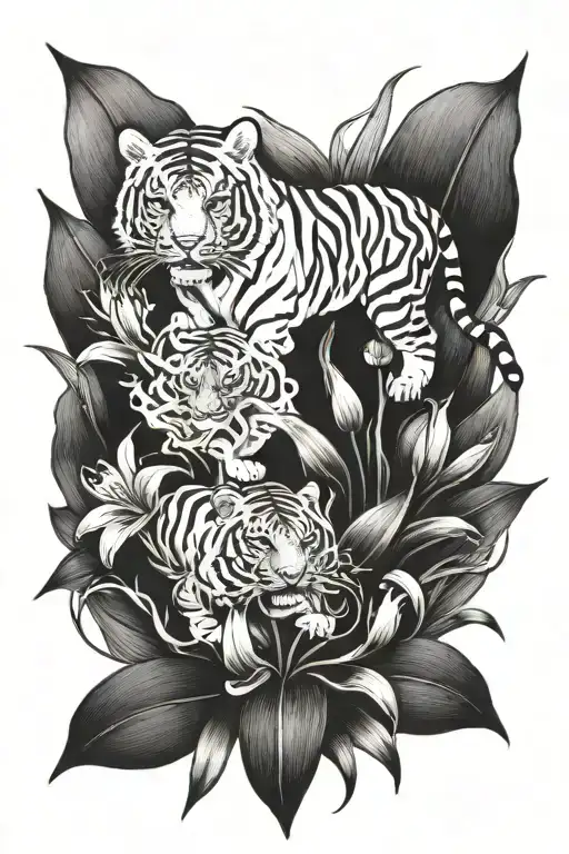 Tiger Full And Tiger Lily Flowers Intertwined Within