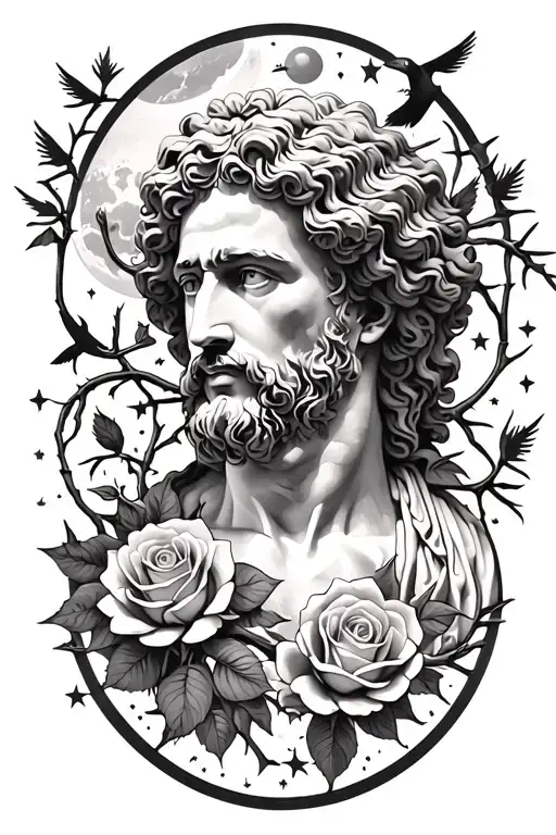 Marcus Aurelius And Roses Surrounded Thorns Earth Sky Moon Stars Birds