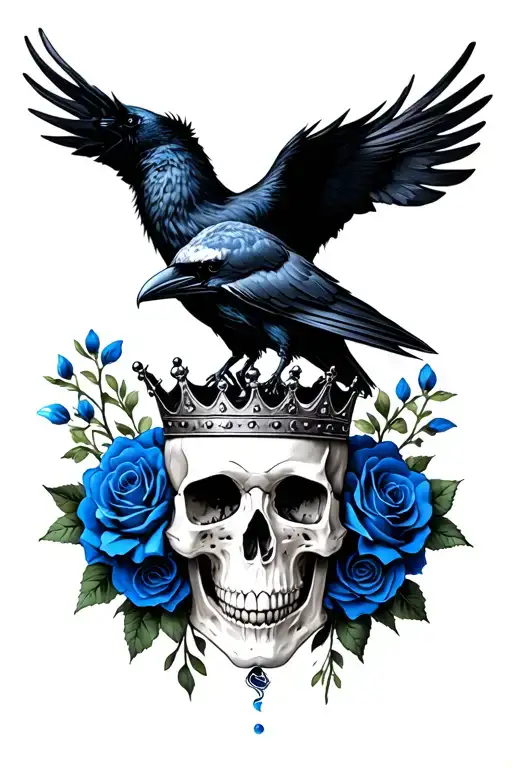 Wearing Crown With Raven On And Blue Roses Intertwined Replace Skull With Something Else