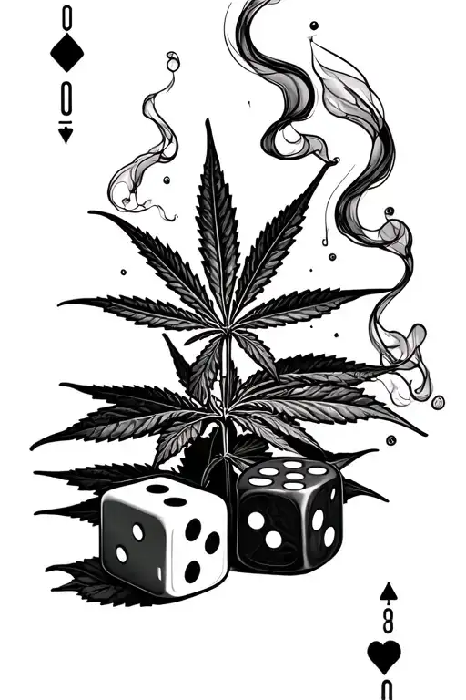 Dice Next To Cards With Weed Plant With Smoke Rising And Going Through