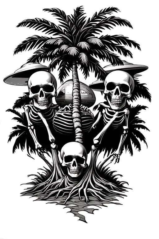 Palm Tree Three Skeletons At The Base With Ufo In The Background And Skulls For Coconuts