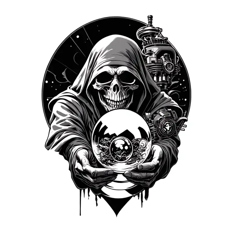 Grim Reaper Holding A V8 Engine Like A Crystal Ball