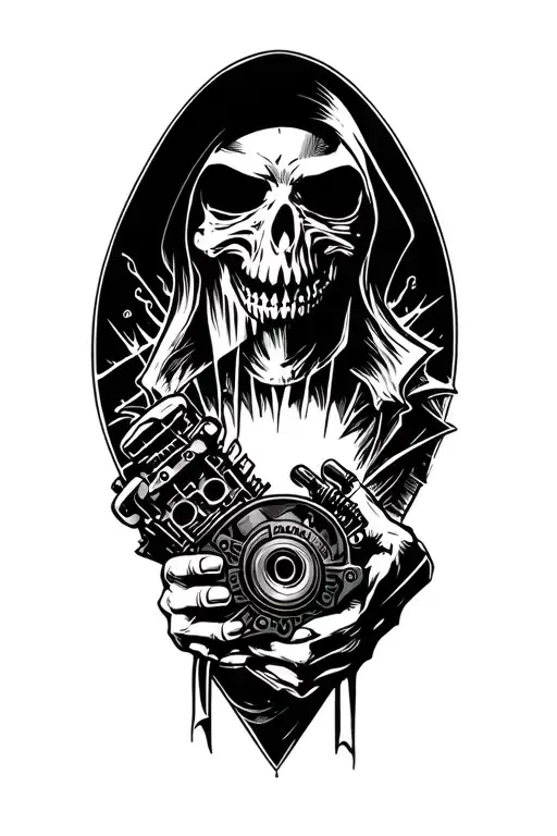 Grim Reaper Holding A V8 Engine In Hand Holding