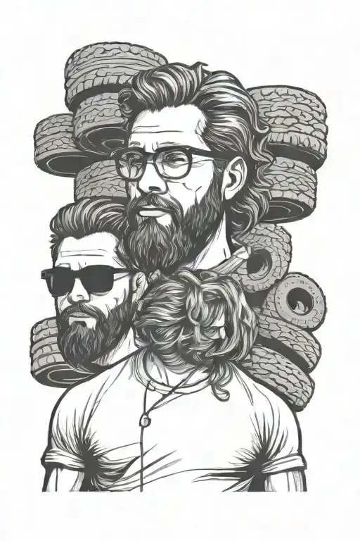 Stack Of Tires With A Man With Curl Hair A Beard And Glasses Standing In Them