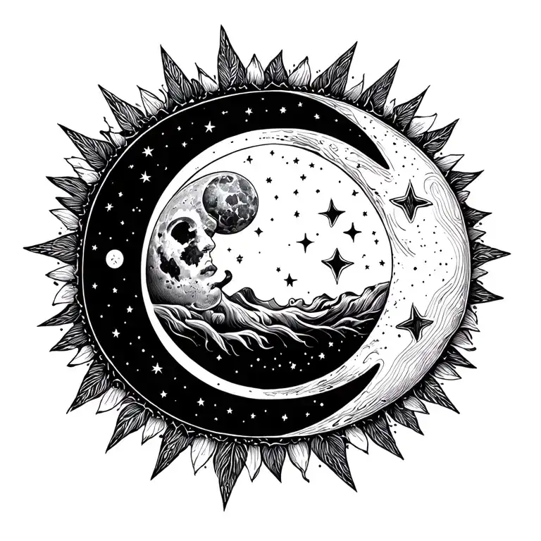 Sun And Moon Stars Fine Line Tattoo Straight Down Back