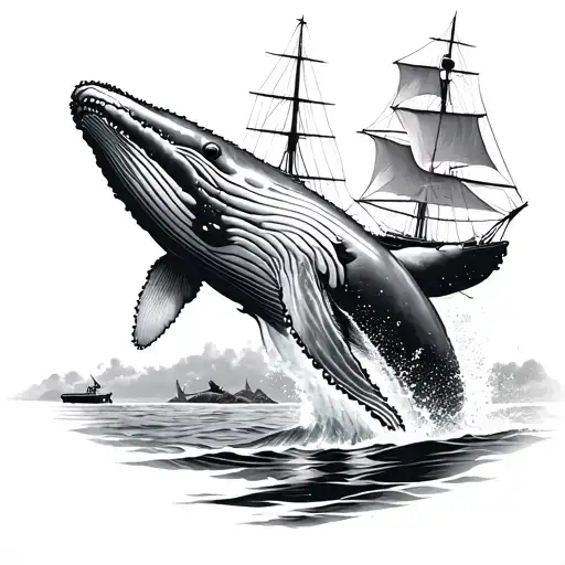 A Majestic Humpback Whale Breaching Out Of The Water With A Vintage Sailboat In The Background