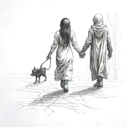 A Girl Comforting A Evil Shadow Creature Walking Together