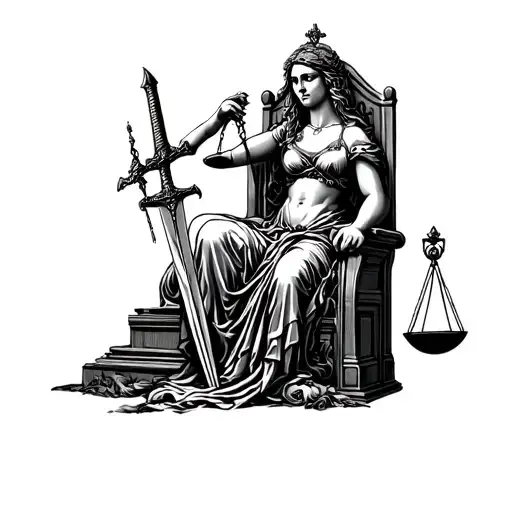 Lady Justice Sit On A Throne With Sword Stab To Ground And One Hand Hold A Scale Of Justice