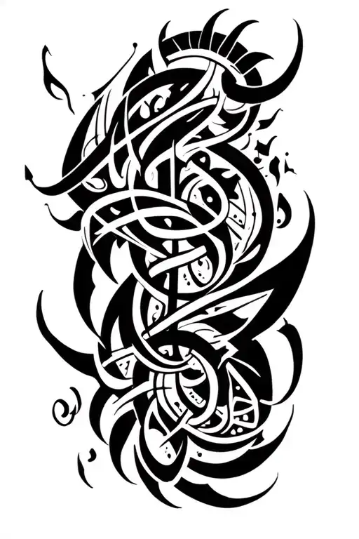 Tribal Elements With Asian And Arabic Calligraphy Style