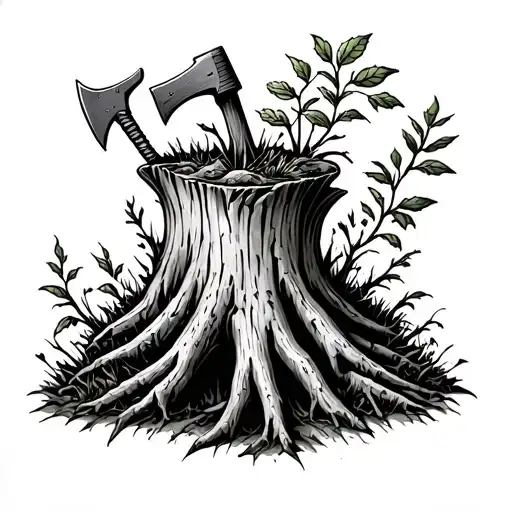 Treestump With Axe Stuck Insdie And New Plant Grwoing On Top