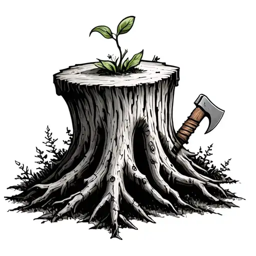Treestump With Axe Stuck Insdie And A Small Sprout Growing On Top