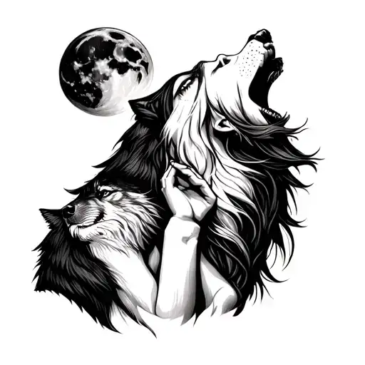 Wolf Howling At The Moon And A Woman Holding