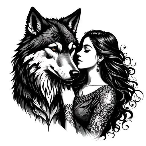 Wolf And A Woman Holding Each Other