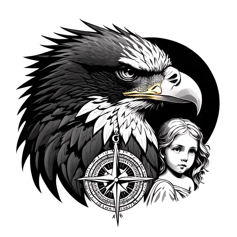 An Eagle Head And A Head Of Duberman With A Compass And A Woman And Her Child