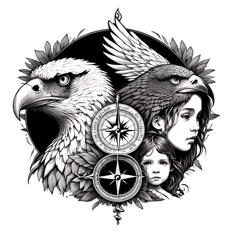 An Eagle Head And A Duberman Head With A Compass And A Woman And Her Child