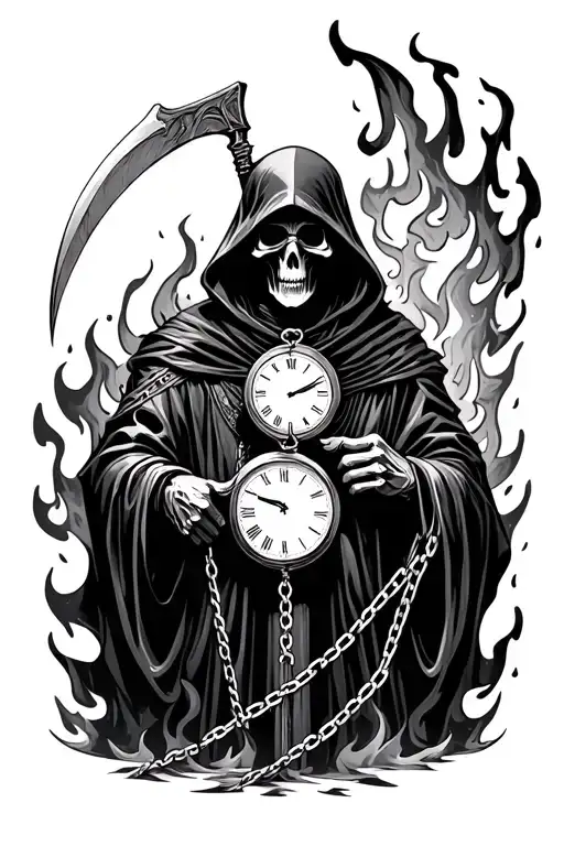 Grim Reaper Surrounded By Fire With Scythe Holding A Chain With A Clock Attached