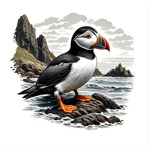 Forearm Tattoo Of A Realistic Atlantic Puffin With Rocky Coastline