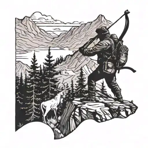 A Silhouette Of A Hunter Aiming A Bow In A Mountain Landscape