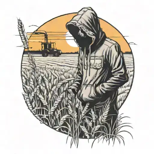 Man Wearing Hoodie With Hood Down And Field Of Wheat With Sunset And Combine In Background