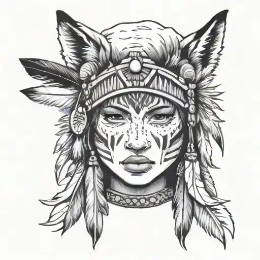 Native American Girl Face Front View With Wolf Headress