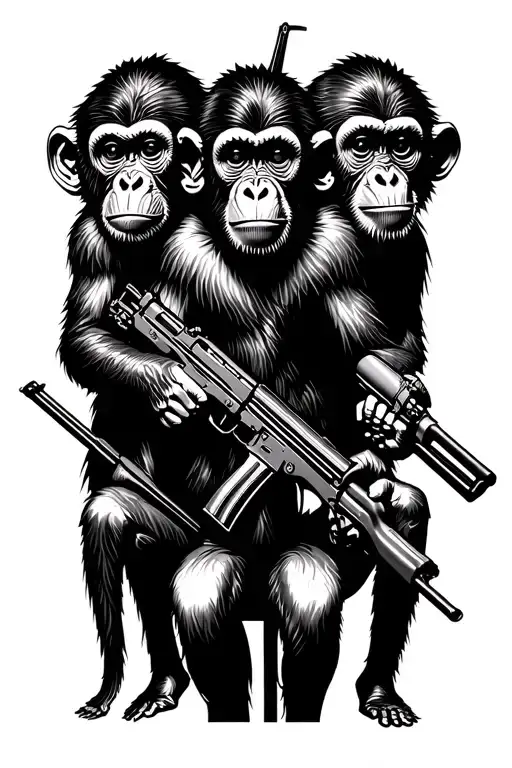 3 Monkeys With Ak 47 Rifle
